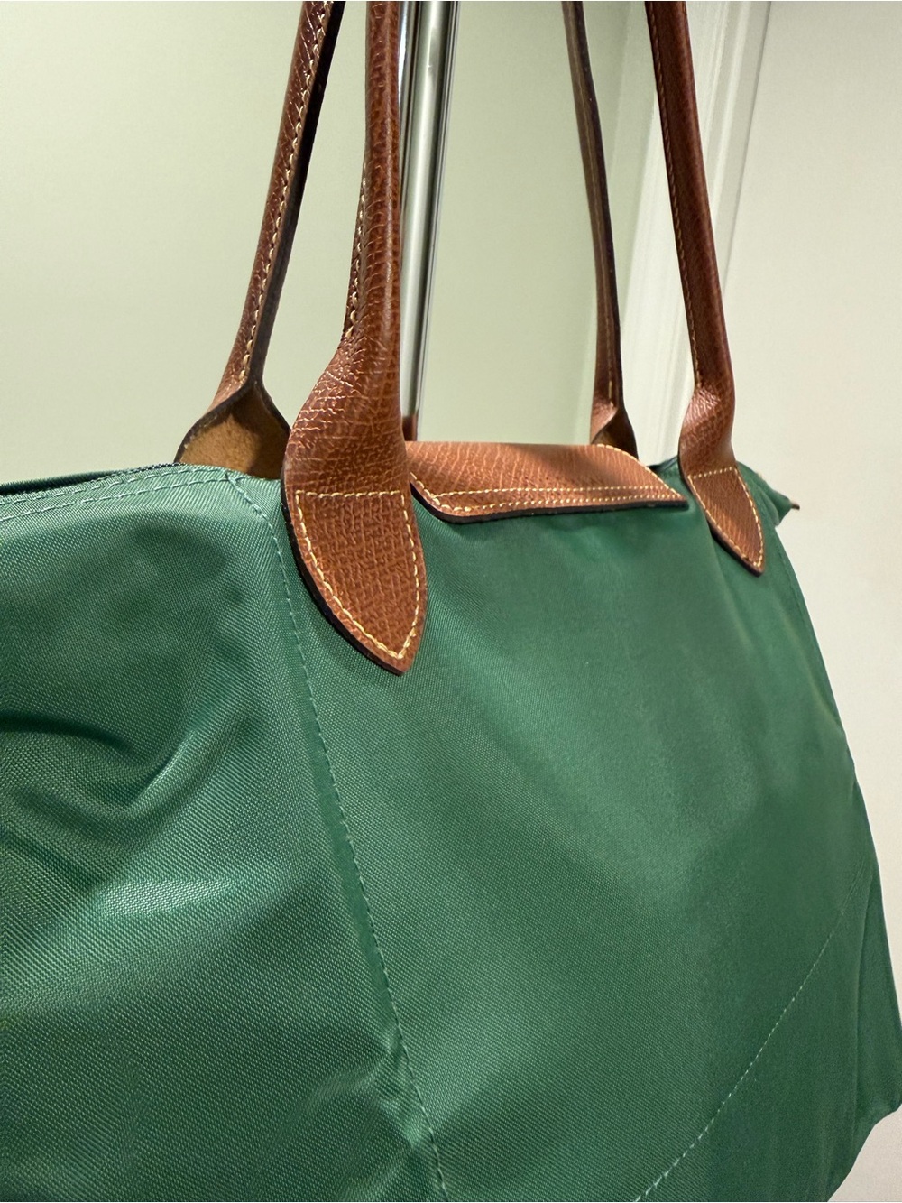Longchamp Le Pliage Original M Tote British Green Brown Leather - Picture 7 of 15